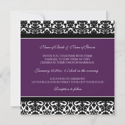 Invitations de mariage Plum Noir Blanc Damas (Dos)