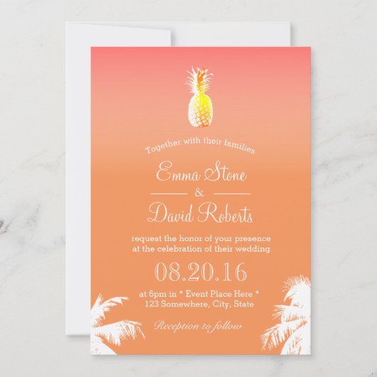 Invitations de mariage pour ananas et palmiers tro (Devant)