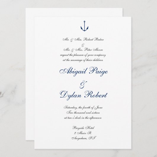 Invitations de mariage pour "Ancres absentes" (Devant / Derrière)