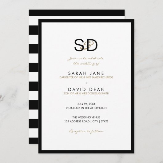 Invitations de mariage pour le monogramme noir et  (Devant / Derrière)