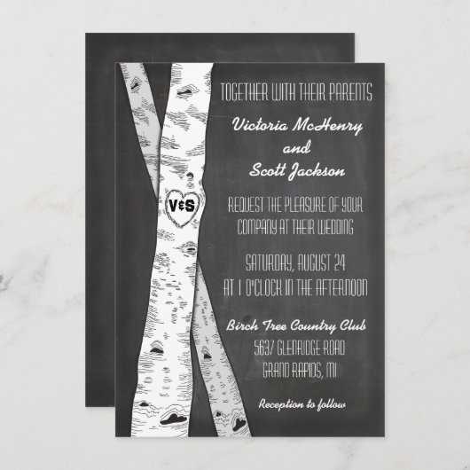 Invitations de mariage pour oiseaux en tableau noi (Devant / Derrière)