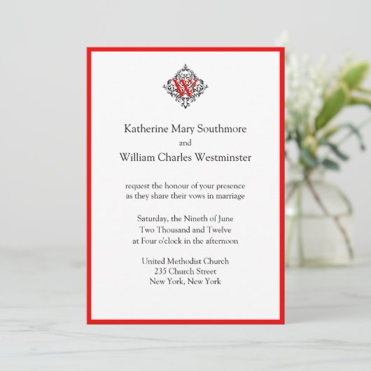 Invitations de mariage Red Monogram (Debout devant)