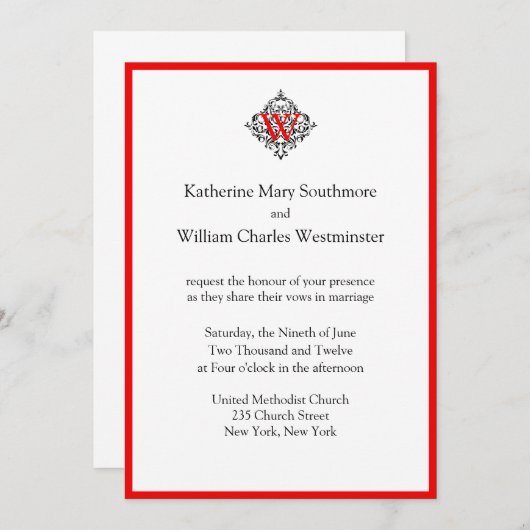 Invitations de mariage Red Monogram (Devant / Derrière)