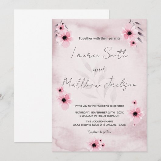 Invitations de mariage rose (Devant / Derrière)