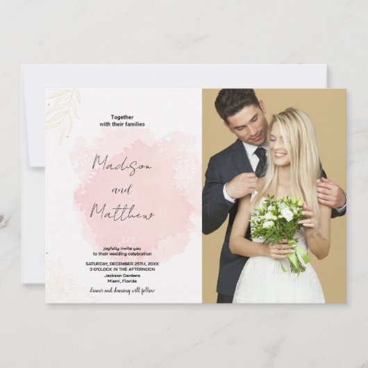 Invitations de mariage rose avec photo (Devant)