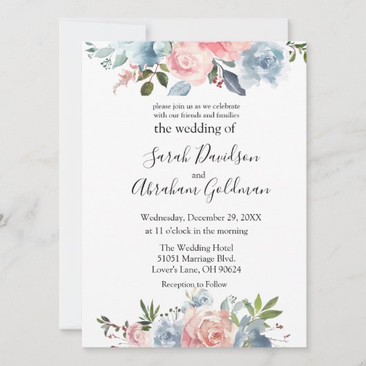Invitations de mariage - Rose Dusty Blue Floral Ro (Devant)