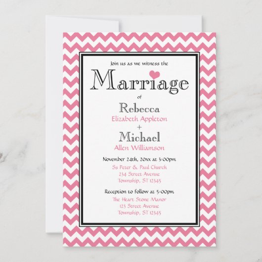 Invitations de mariage rose et blanc Chevron (Devant)