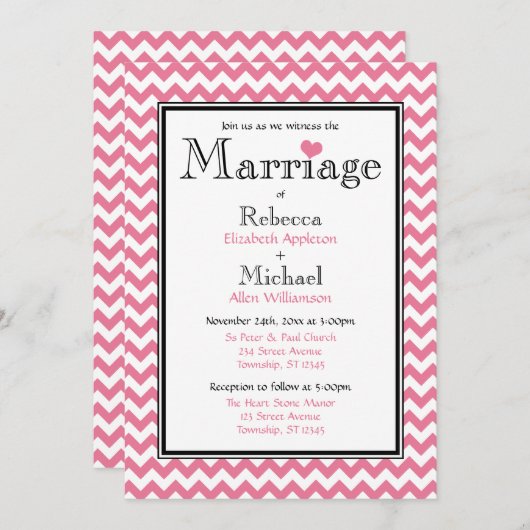 Invitations de mariage rose et blanc Chevron (Devant / Derrière)