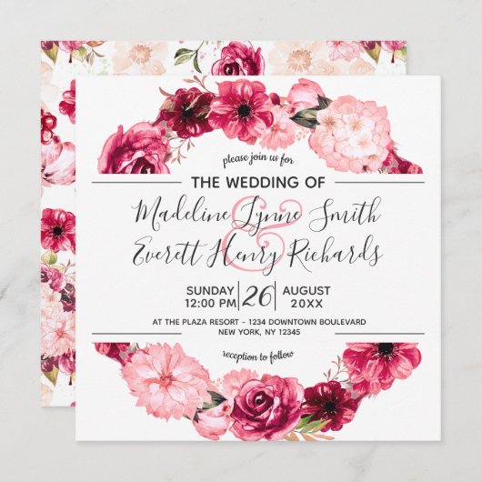 Invitations de mariage rose et bordeaux à couronne (Devant / Derrière)