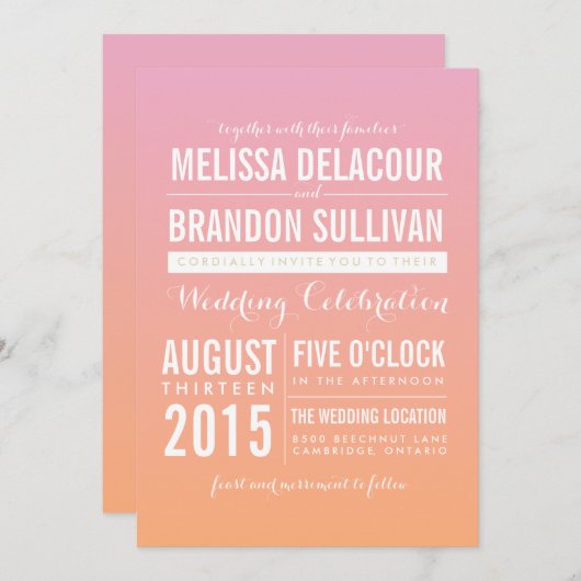 Invitations de mariage rose et orange Ombre (Devant / Derrière)