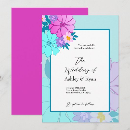 Invitations de mariage rose et Turquoise (Devant / Derrière)