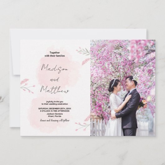 Invitations de mariage rose Fleur avec photo (Devant)