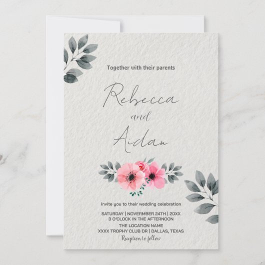 Invitations de mariage rose floral (Devant)