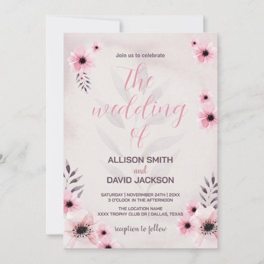 Invitations de mariage rose floral (Devant)