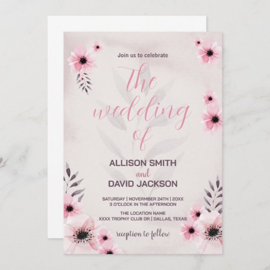 Invitations de mariage rose floral (Devant / Derrière)