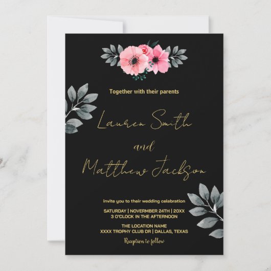 Invitations de mariage rose floral (Devant)