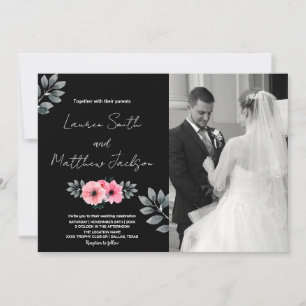 Invitations de mariage rose floral avec photo
