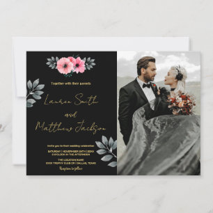 Invitations de mariage rose floral avec photo