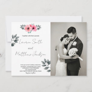 Invitations de mariage rose floral avec photo