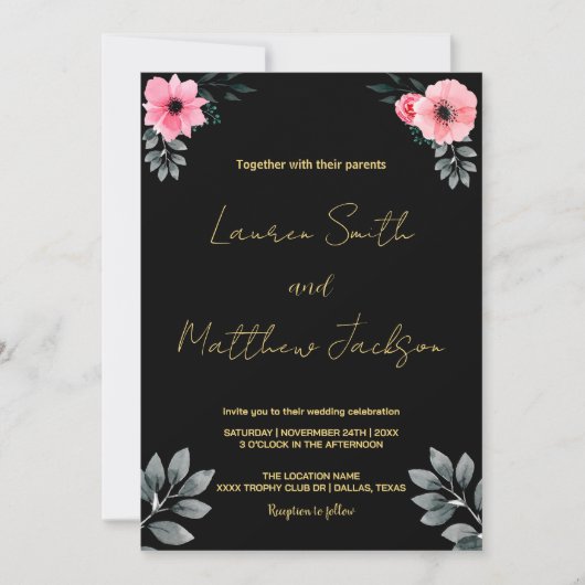 Invitations de mariage rose floral or (Devant)