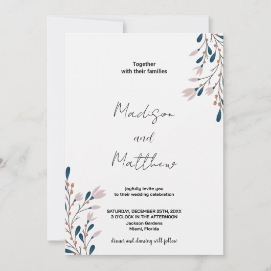 Invitations de mariage rose floral vert (Devant)
