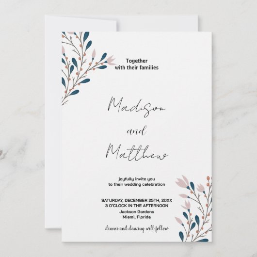 Invitations de mariage rose floral vert (Devant)