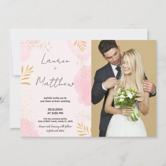 Invitations de mariage rose Golden avec photo (Devant)