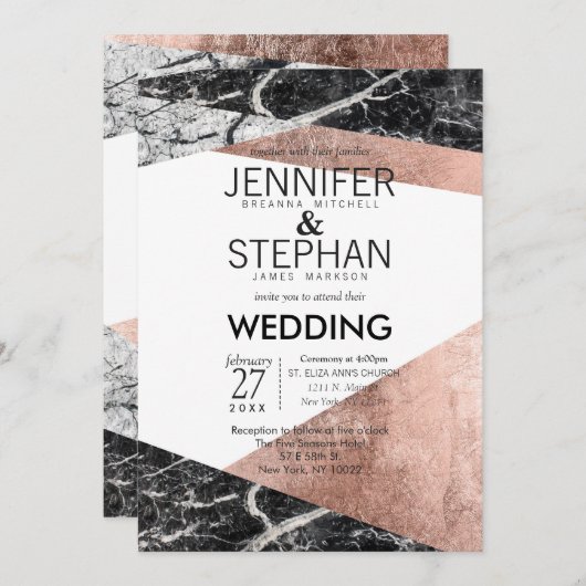 Invitations de mariage Rose moderne or et marbre (Devant / Derrière)
