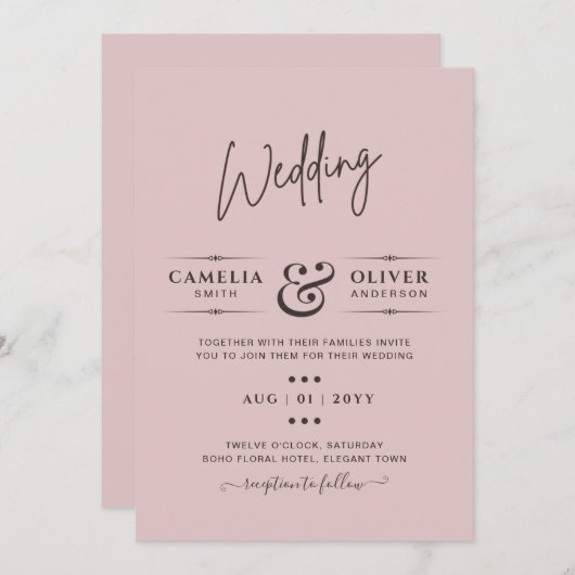 Invitations de mariage rose poussiéreux Budget mod (Devant / Derrière)