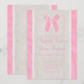 Invitations de mariage rose Vintage Bow & lin (Devant / Derrière)