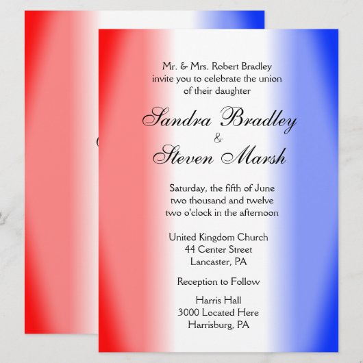 Invitations de mariage rouge blanc et bleu (Devant / Derrière)