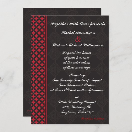 Invitations de mariage rouge et noir (Devant / Derrière)