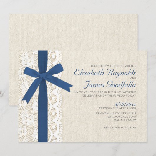 Invitations de mariage Royal Blue Bow et de dentel (Devant / Derrière)