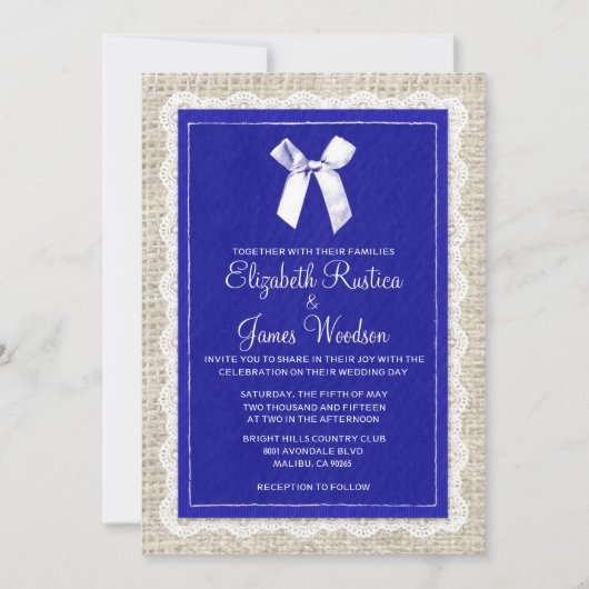 Invitations de mariage Royal Blue Country Burlap (Devant)