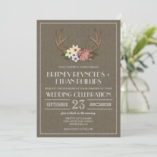 Invitations de mariage Rustic Burlap Deer Antler (Debout devant)
