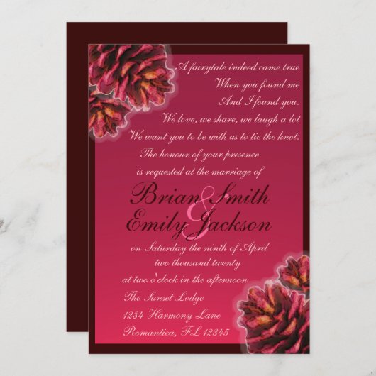 Invitations de mariage rustique à cône de pin rose (Devant / Derrière)