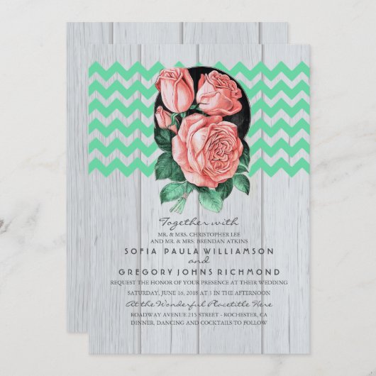 Invitations de mariage rustique à la menthe et ros (Devant / Derrière)