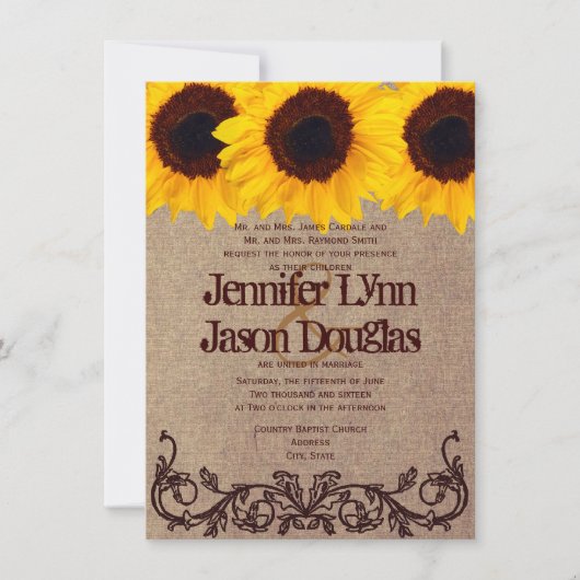 Invitations de mariage rustique au tournesol Vinta (Devant)