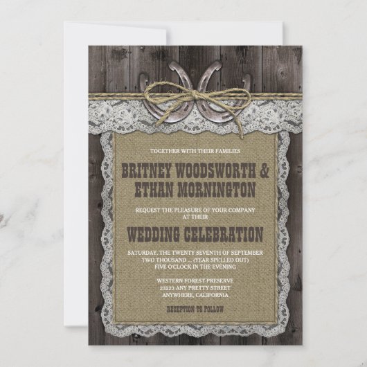 Invitations de mariage rustique Burlap et dentelle (Devant)