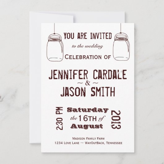 Invitations de mariage rustique Country Mason Jars (Devant)