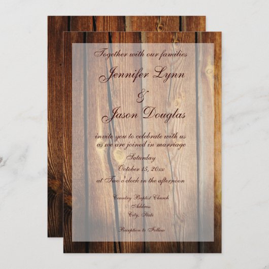 Invitations de mariage rustique en bois d'étable (Devant / Derrière)