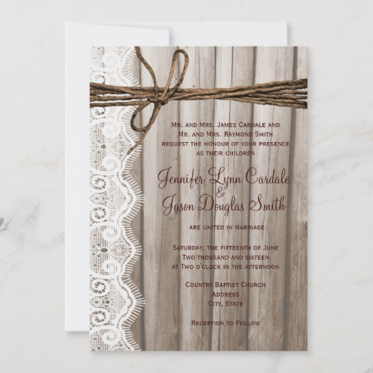 Invitations de mariage rustique en dentelle de boi (Devant)
