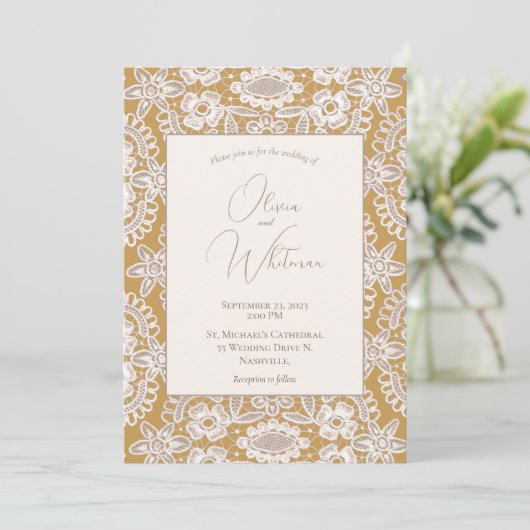 Invitations de mariage rustique en dentelle jaune (Debout devant)