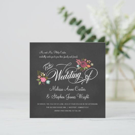 Invitations de mariage Rustique Floral Chalkboard (Debout devant)