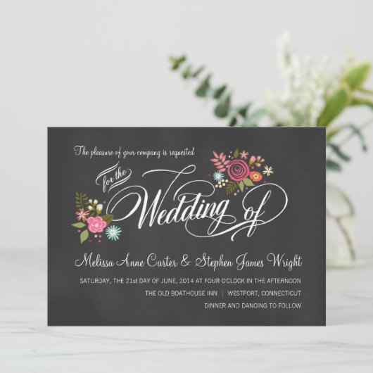 Invitations de mariage Rustique Floral Chalkboard (Debout devant)