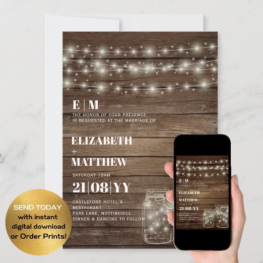 Invitations de mariage rustique Lumières Mason Jar