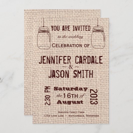 Invitations de mariage rustique Mason Jars Burlap  (Devant / Derrière)