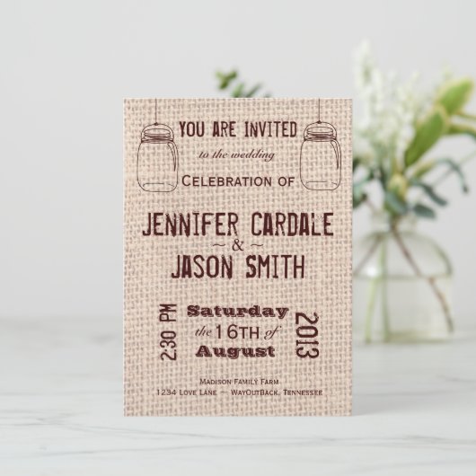 Invitations de mariage rustique Mason Jars Burlap  (Debout devant)