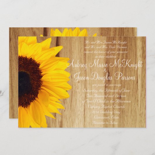 Invitations de mariage rustique pour le tournesol (Devant / Derrière)
