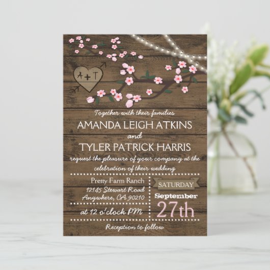 Invitations de mariage Rustique rose cerise en fle (Debout devant)